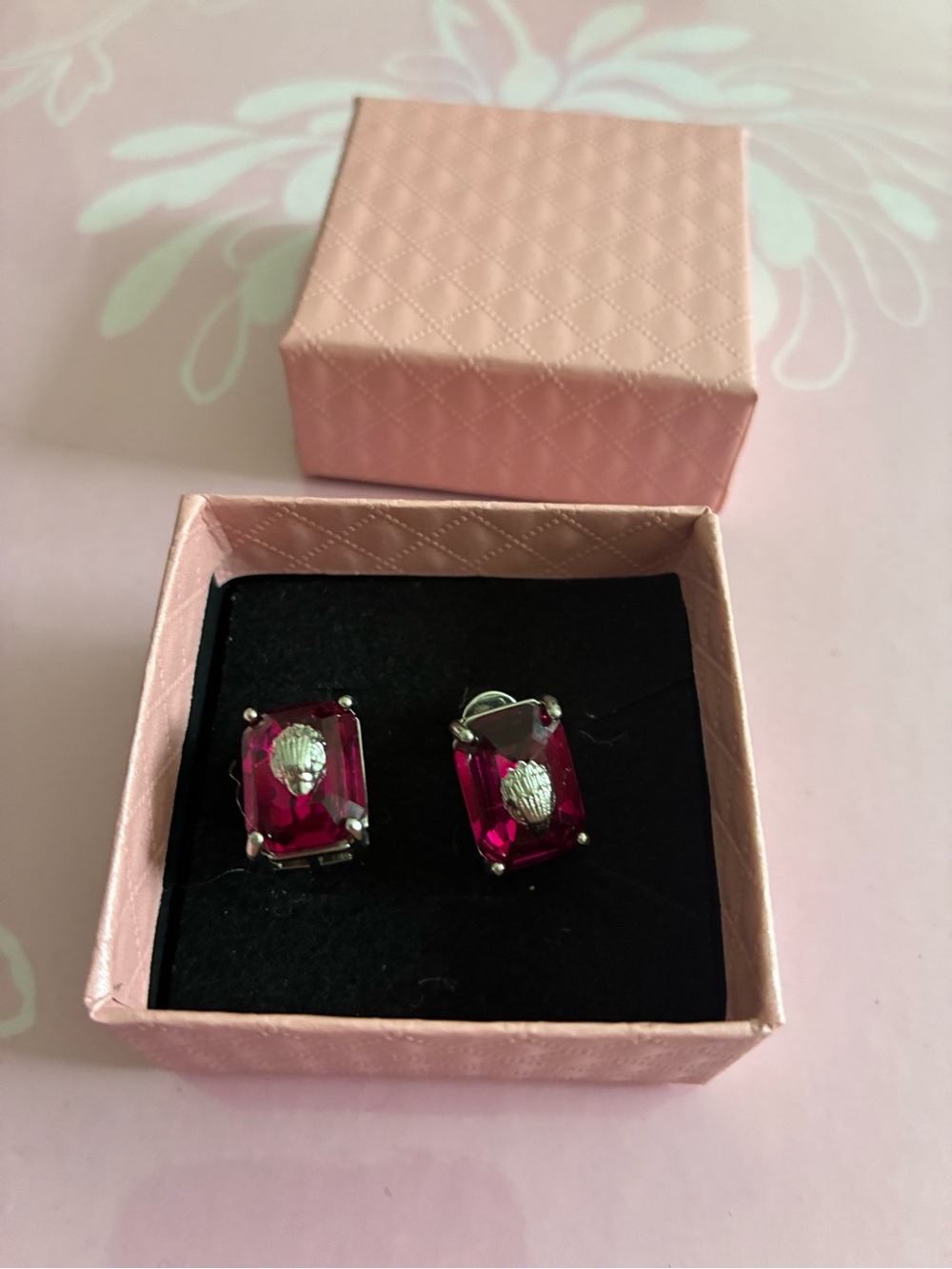 Kurt Geiger Hot Pink Rectangular Crystal Stud Earrings
